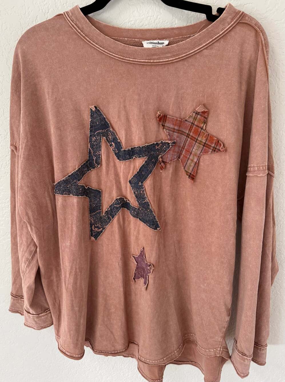 Mittoshop Womens's Pink Star Patchwork Oversized Mineral Wash Boho Tunic Top